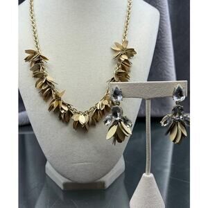 J Crew Golden Leaves Cluster Necklace with Coordinating Earrings
